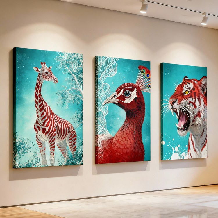 Three colorful animal paintings on a wall